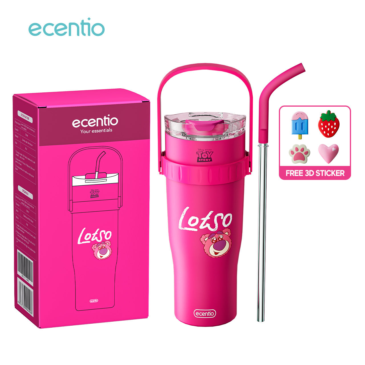 【Original】ecentio Tumbler Disney Lotso 1.2L Tahan Dingin 24 Jam Sedotan & Dudukan Ponsel Bonus Stiker 3D DIY