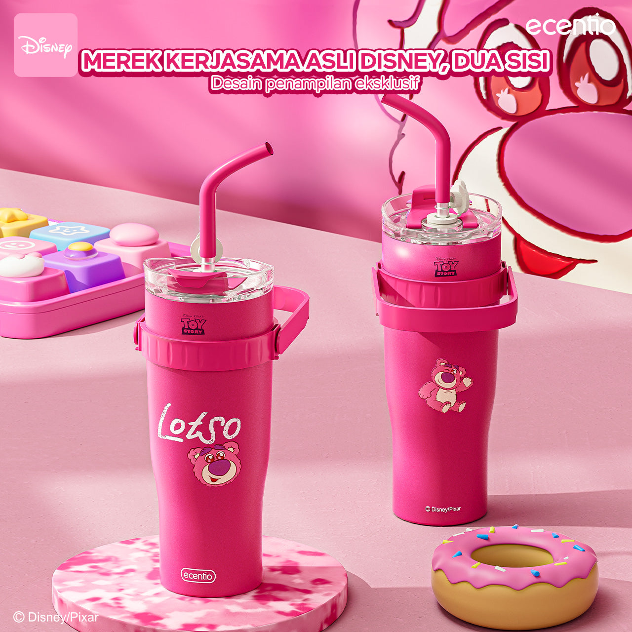 【Original】ecentio Tumbler Disney Lotso 1.2L Tahan Dingin 24 Jam Sedotan & Dudukan Ponsel Bonus Stiker 3D DIY