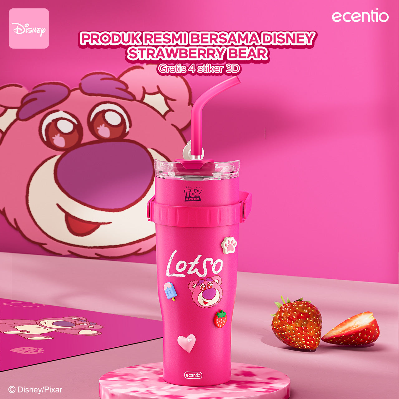 【Original】ecentio Tumbler Disney Lotso 1.2L Tahan Dingin 24 Jam Sedotan & Dudukan Ponsel Bonus Stiker 3D DIY