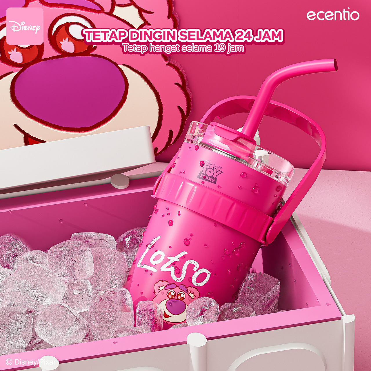 【Original】ecentio Tumbler Disney Lotso 1.2L Tahan Dingin 24 Jam Sedotan & Dudukan Ponsel Bonus Stiker 3D DIY