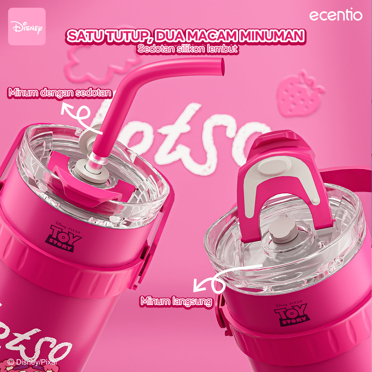 【Original】ecentio Tumbler Disney Lotso 1.2L Tahan Dingin 24 Jam Sedotan & Dudukan Ponsel Bonus Stiker 3D DIY