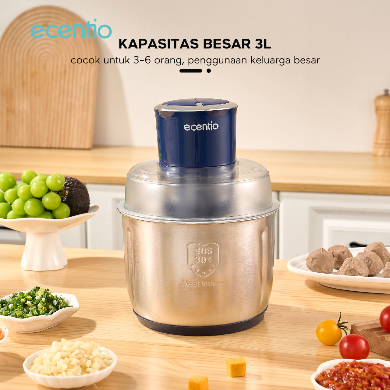 ecentio Food Chopper 3L 4 pisau Stainless steel 304 Penggiling Daging Sayur Meat Grinder Kova Kraser