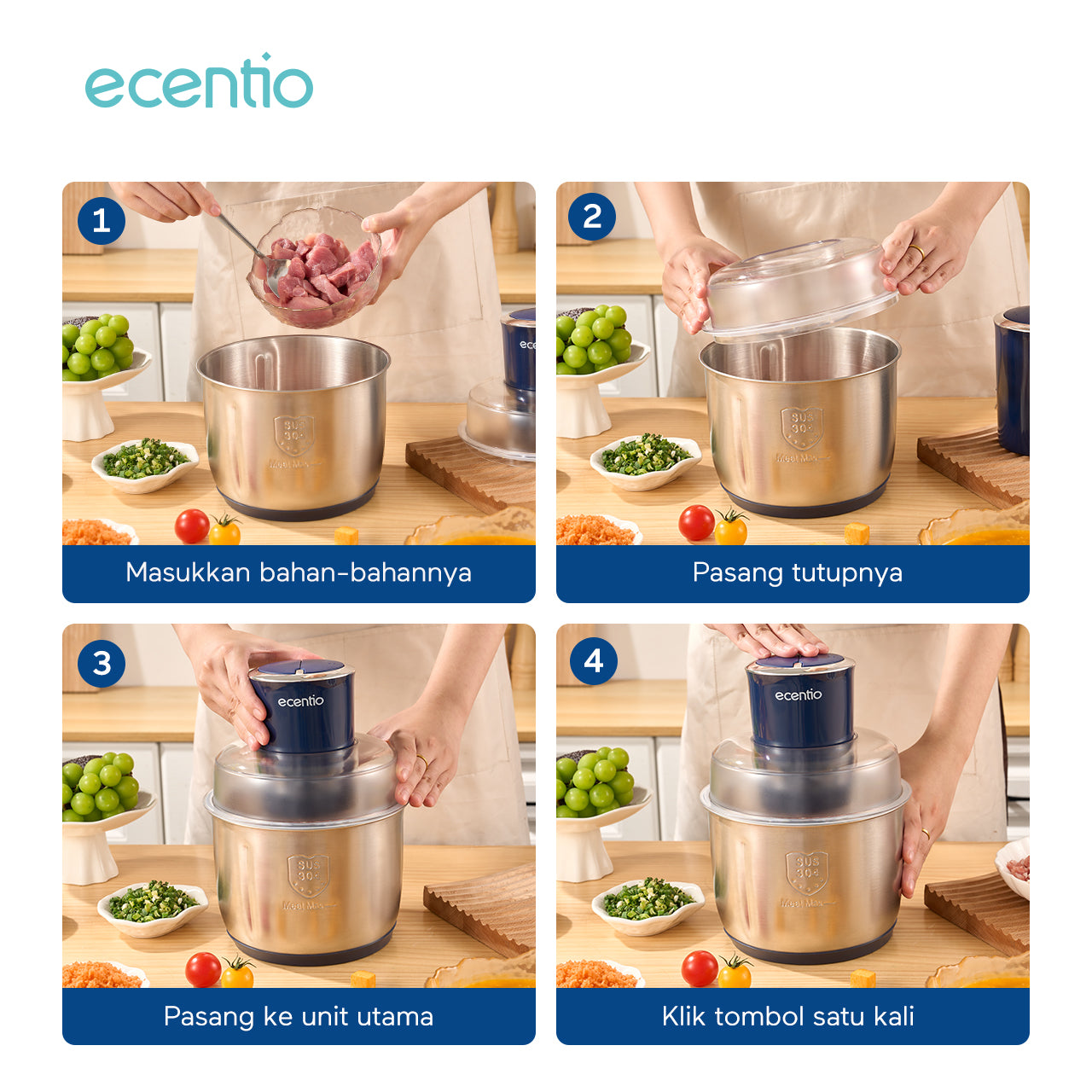 ecentio Food Chopper 3L 4 pisau Stainless steel 304 Penggiling Daging Sayur Meat Grinder Kova Kraser