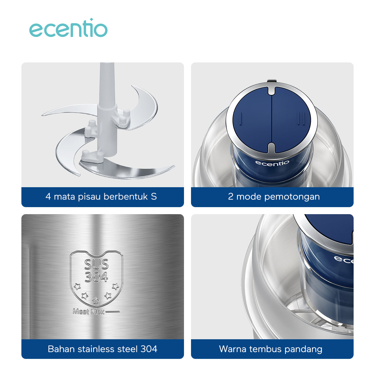 ecentio Food Chopper 3L 4 pisau Stainless steel 304 Penggiling Daging Sayur Meat Grinder Kova Kraser