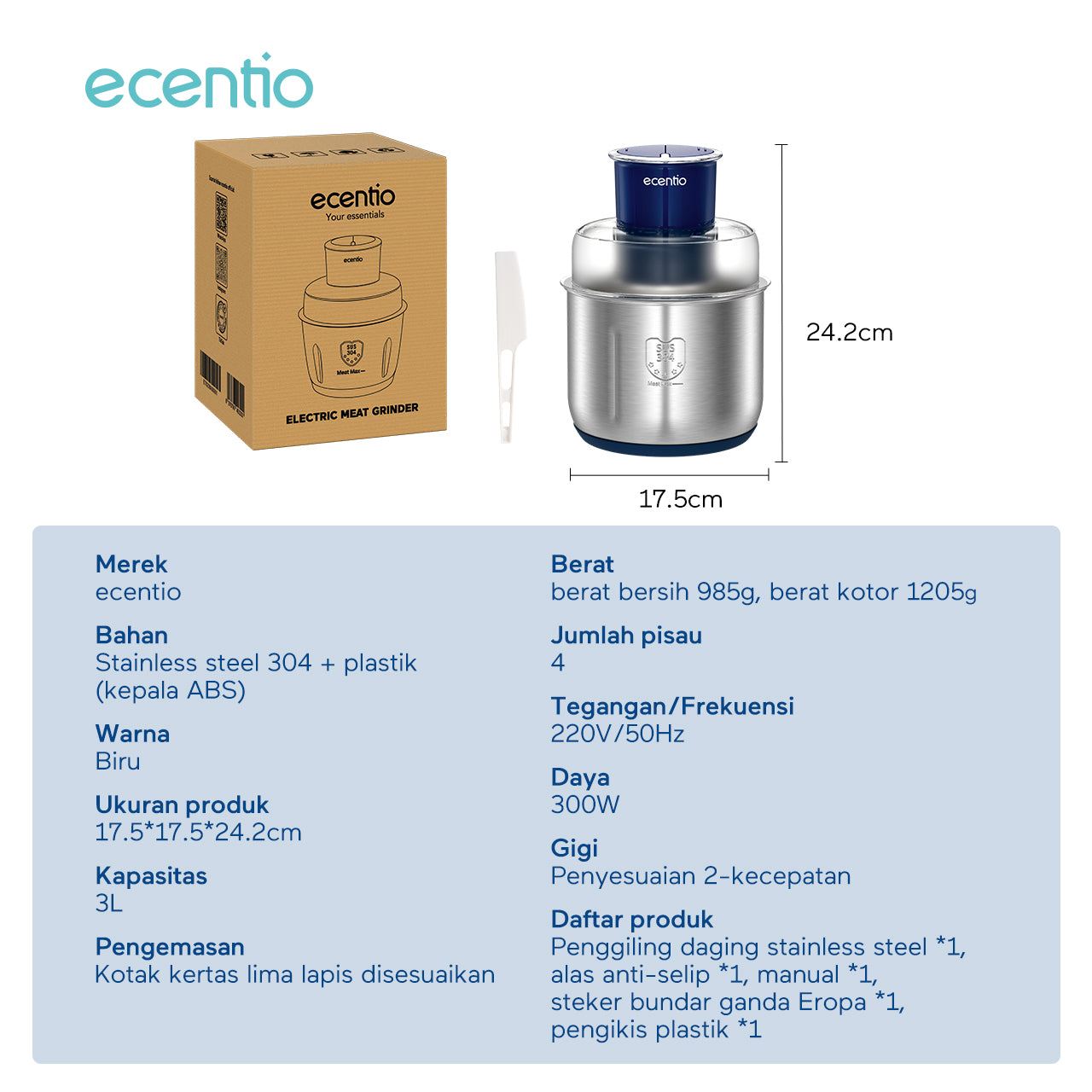 ecentio Food Chopper 3L 4 pisau Stainless steel 304 Penggiling Daging Sayur Meat Grinder Kova Kraser
