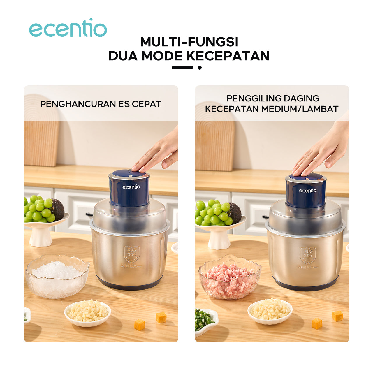 ecentio Food Chopper 3L 4 pisau Stainless steel 304 Penggiling Daging Sayur Meat Grinder Kova Kraser