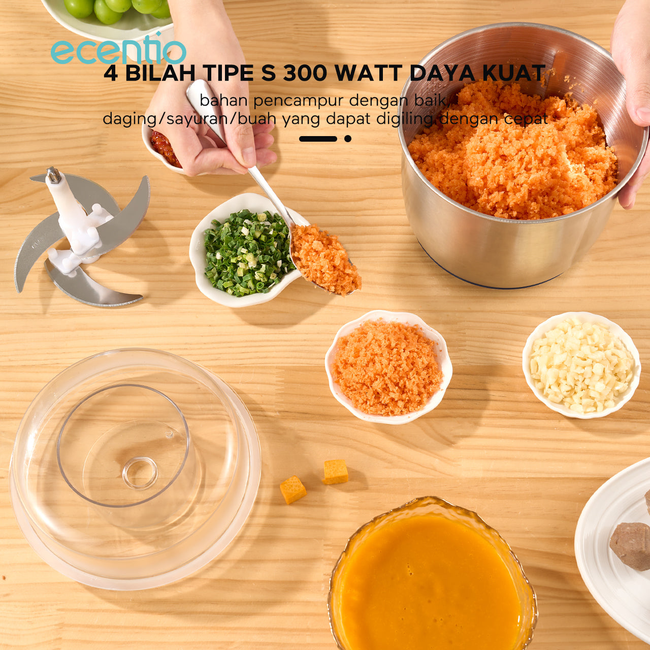 ecentio Food Chopper 3L 4 pisau Stainless steel 304 Penggiling Daging Sayur Meat Grinder Kova Kraser