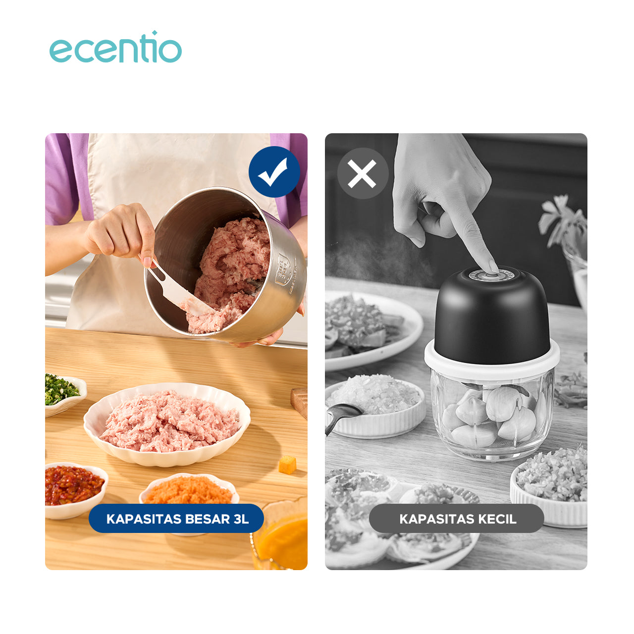 ecentio Food Chopper 3L 4 pisau Stainless steel 304 Penggiling Daging Sayur Meat Grinder Kova Kraser