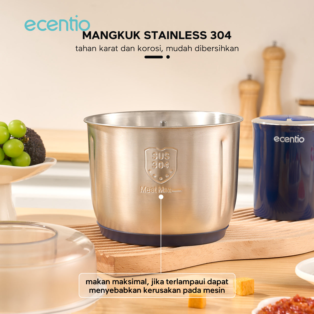 ecentio Food Chopper 3L 4 pisau Stainless steel 304 Penggiling Daging Sayur Meat Grinder Kova Kraser