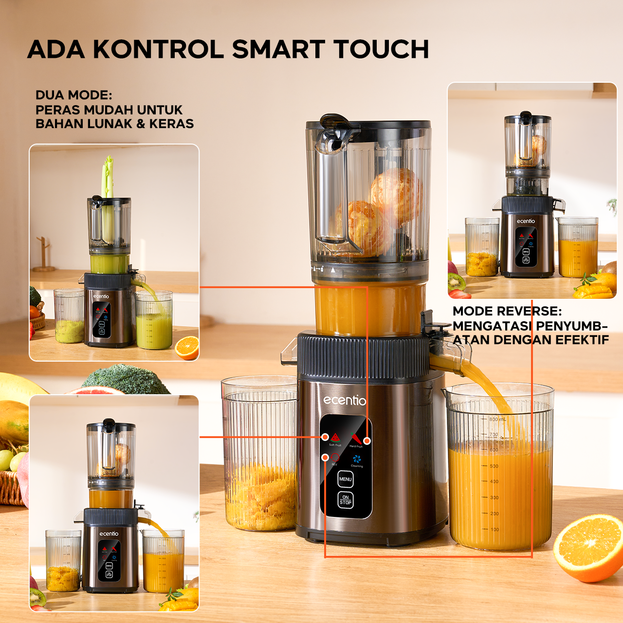 ecentio Slow Juicer Portable 112mm Caliber & Smart Touch Blender 550ml+600ml — Garansi 1 Tahun