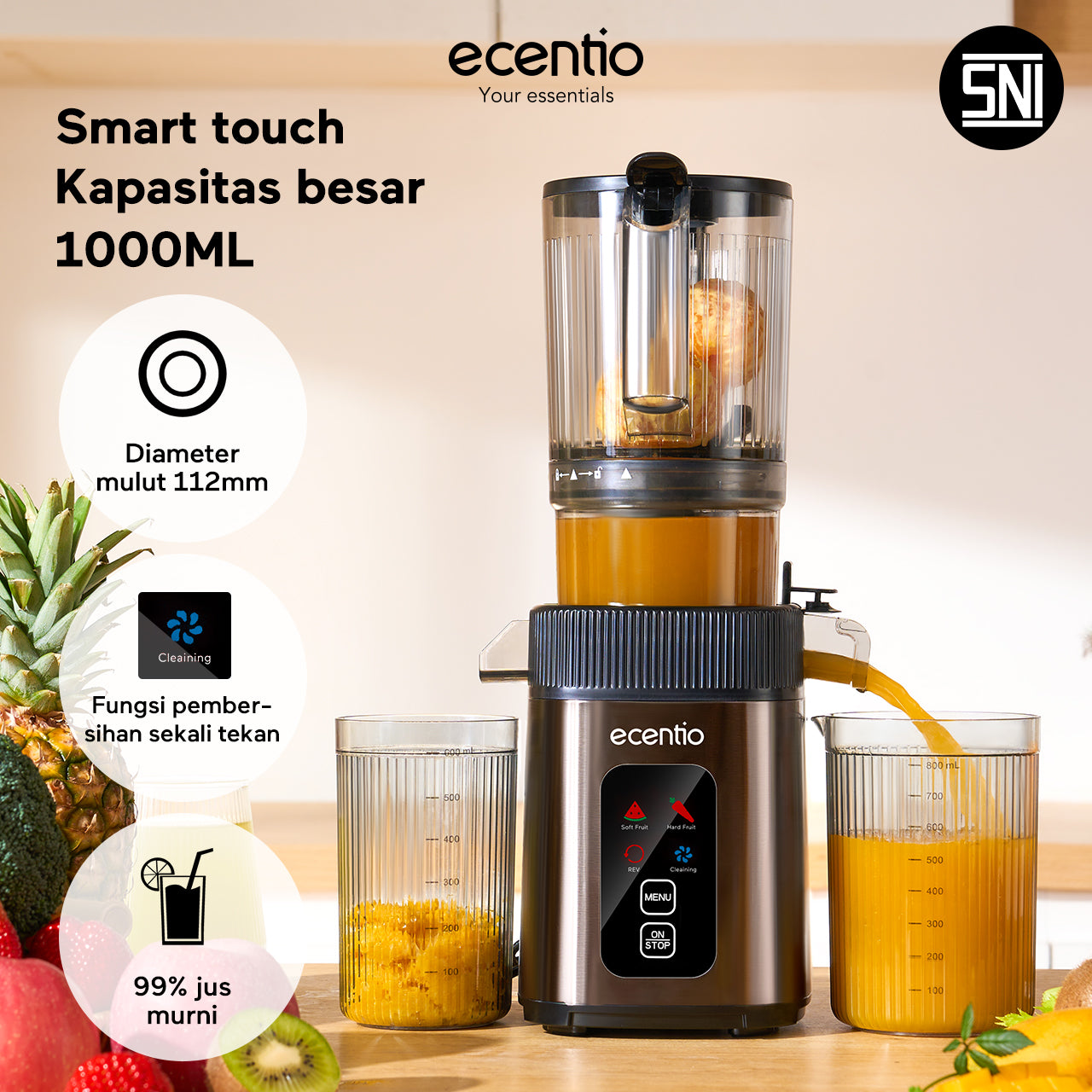 ecentio Slow Juicer Portable 112mm Caliber & Smart Touch Blender 550ml+600ml — Garansi 1 Tahun