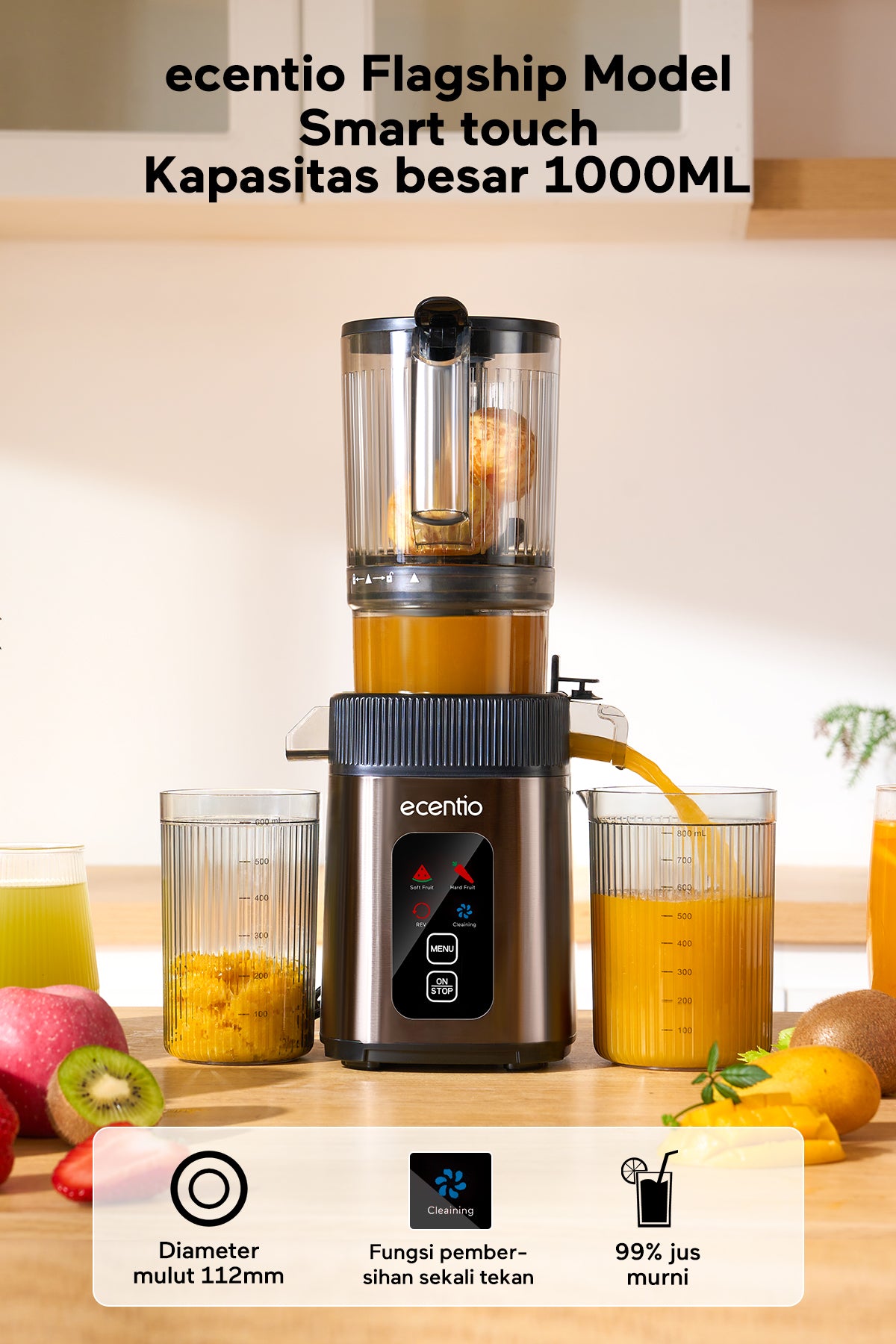 ecentio Slow Juicer Portable 112mm Caliber & Smart Touch Blender 550ml+600ml — Garansi 1 Tahun