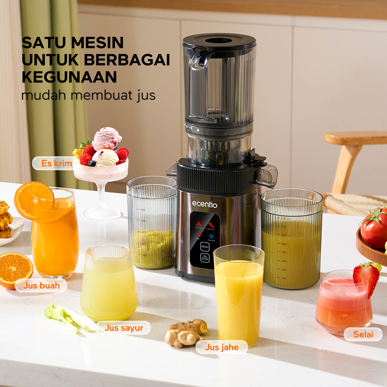 ecentio Slow Juicer Portable 112mm Caliber & Smart Touch Blender 550ml+600ml — Garansi 1 Tahun