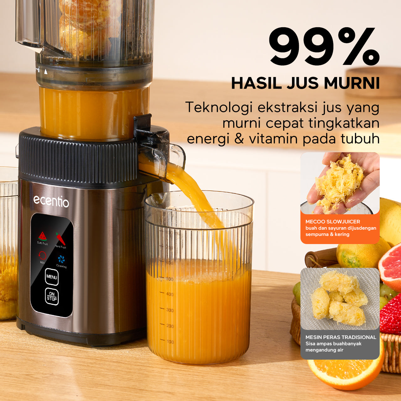 ecentio Slow Juicer Portable 112mm Caliber & Smart Touch Blender 550ml+600ml — Garansi 1 Tahun