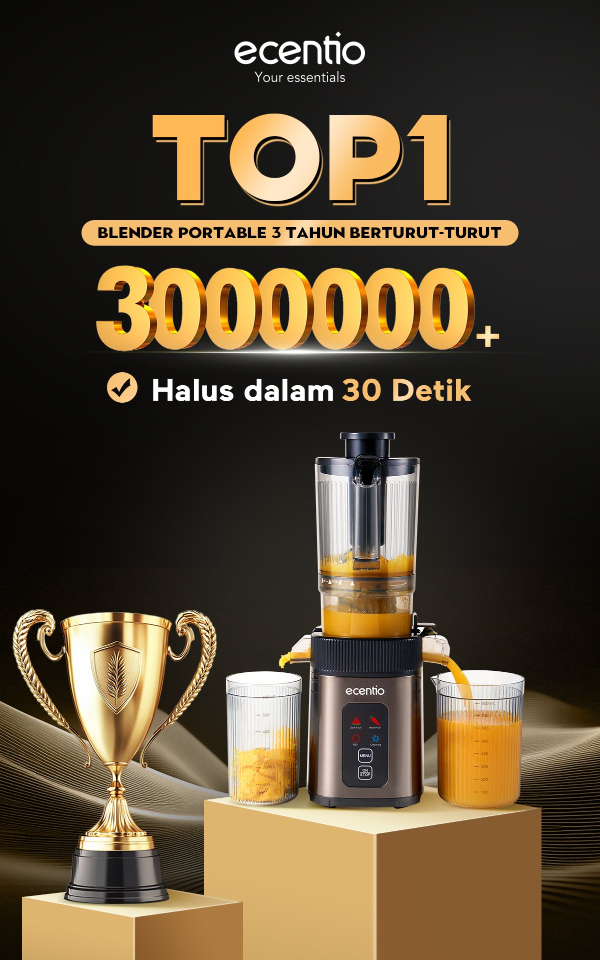 ecentio Slow Juicer Portable 112mm Caliber & Smart Touch Blender 550ml+600ml — Garansi 1 Tahun