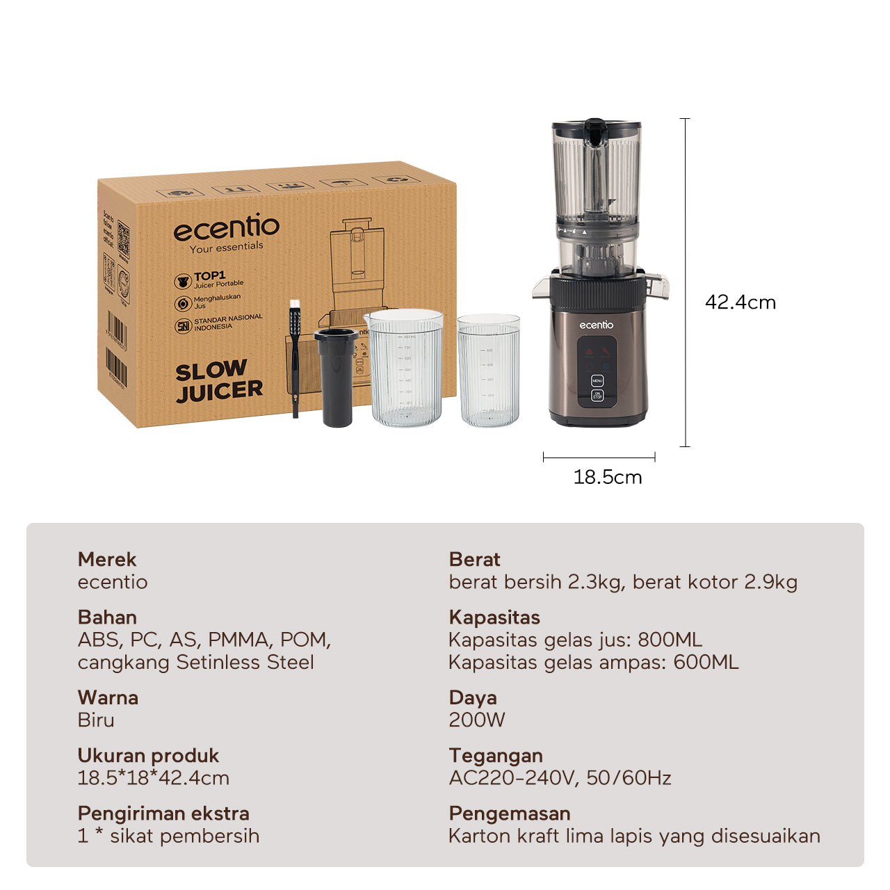 ecentio Slow Juicer Portable 112mm Caliber & Smart Touch Blender 550ml+600ml — Garansi 1 Tahun
