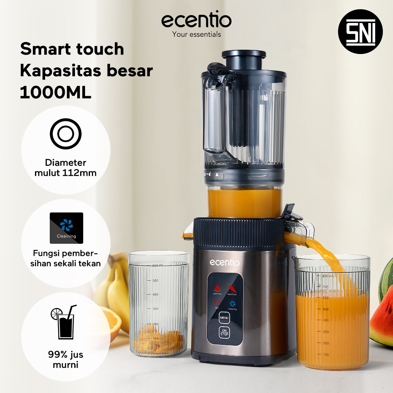 ecentio Smart Slow Juicer Cerdas Panel Sentuh Lubang 112mm 1000ml Besar 99% Ekstraksi Slow Juicer Multifungsi Garansi Resmi 1 Tahun