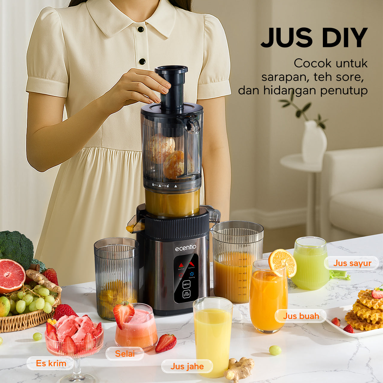 ecentio Smart Slow Juicer Cerdas Panel Sentuh Lubang 112mm 1000ml Besar 99% Ekstraksi Slow Juicer Multifungsi Garansi Resmi 1 Tahun