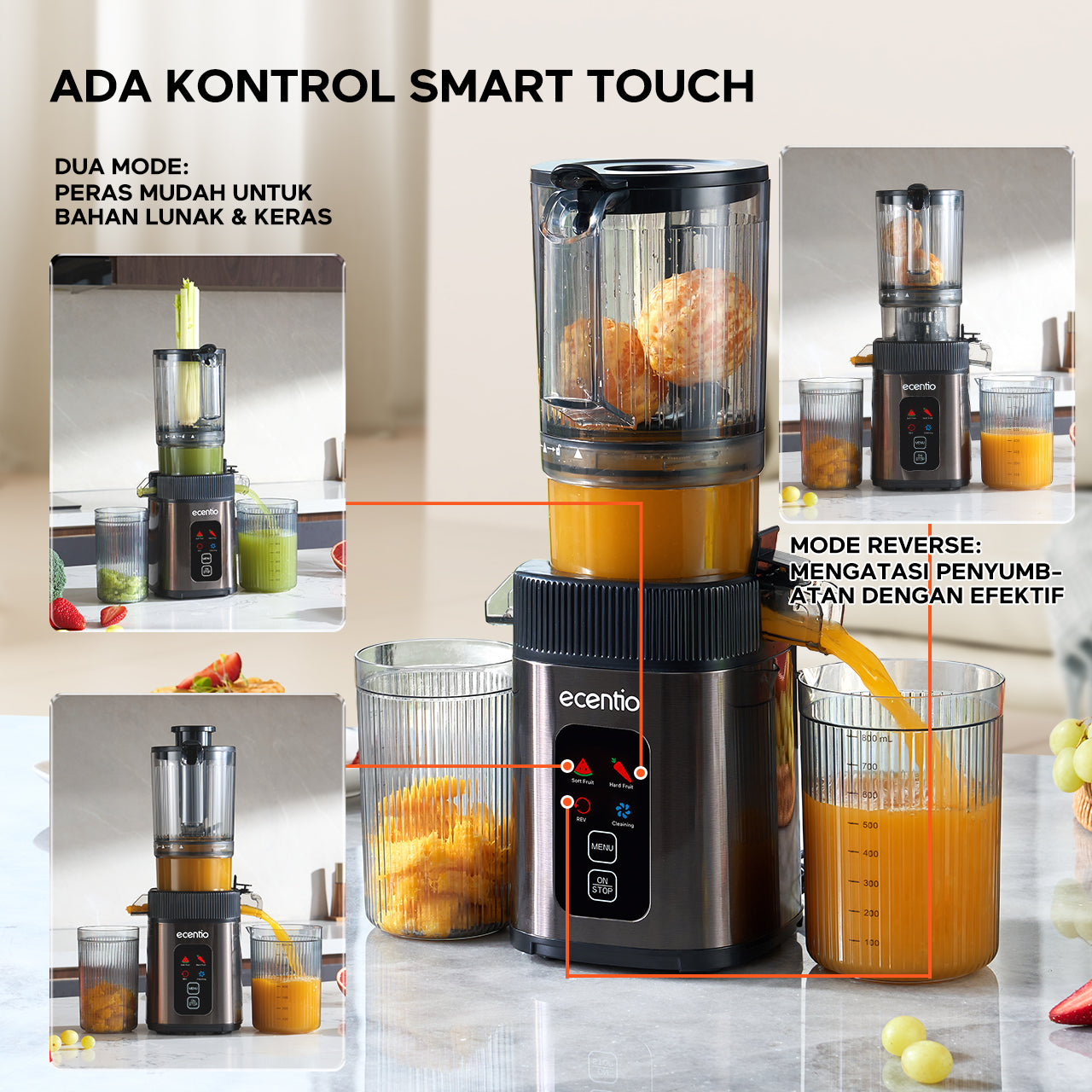 ecentio Smart Slow Juicer Cerdas Panel Sentuh Lubang 112mm 1000ml Besar 99% Ekstraksi Slow Juicer Multifungsi Garansi Resmi 1 Tahun
