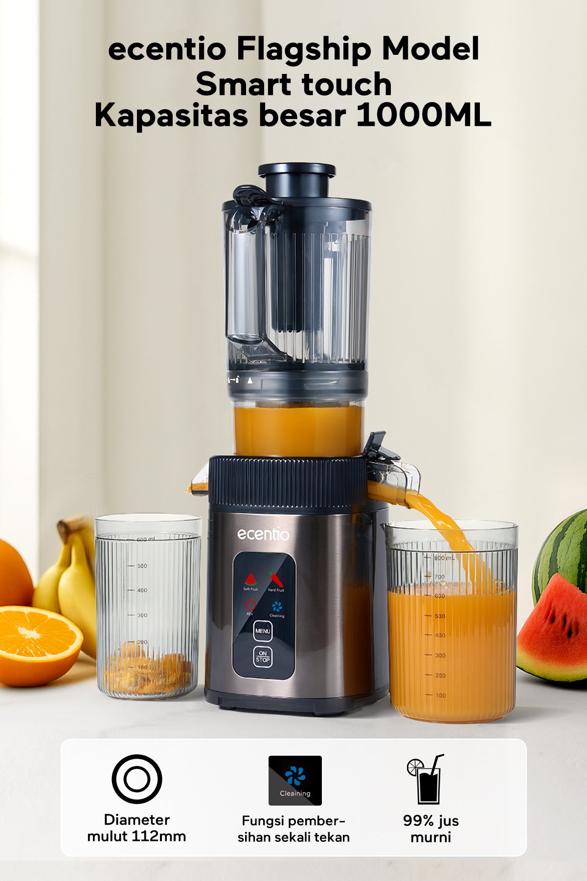 ecentio Smart Slow Juicer Cerdas Panel Sentuh Lubang 112mm 1000ml Besar 99% Ekstraksi Slow Juicer Multifungsi Garansi Resmi 1 Tahun