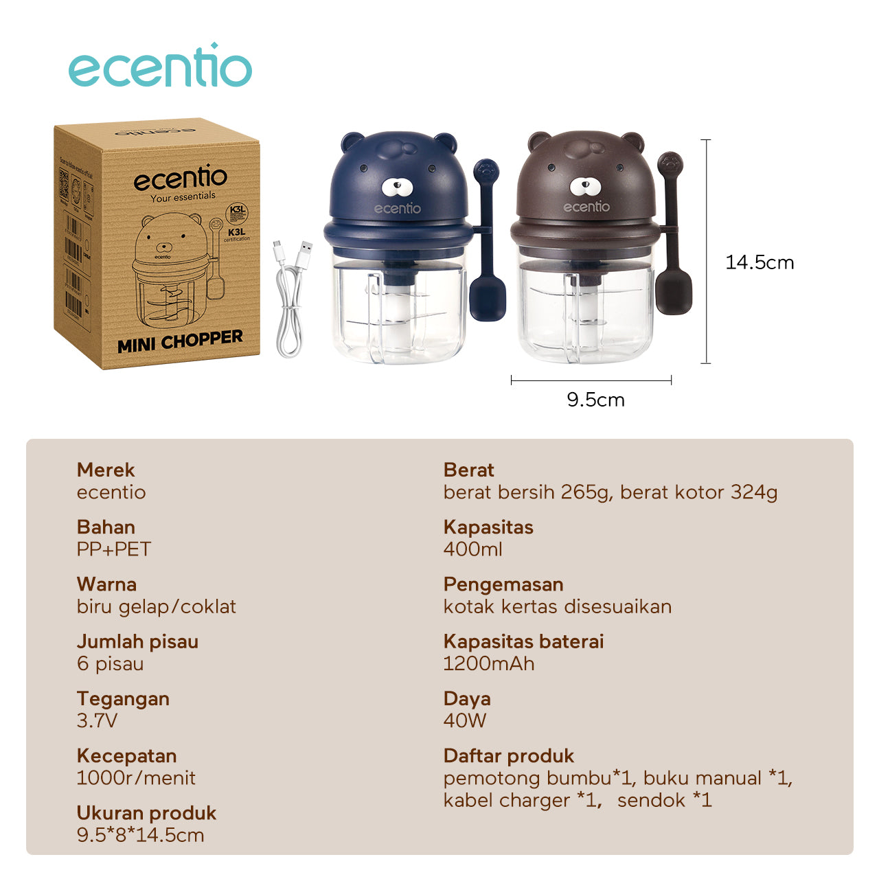 ecentio Pengolah Makanan Mini Portabel 400ml - Cincang Cepat dengan 6 Mata Pisau