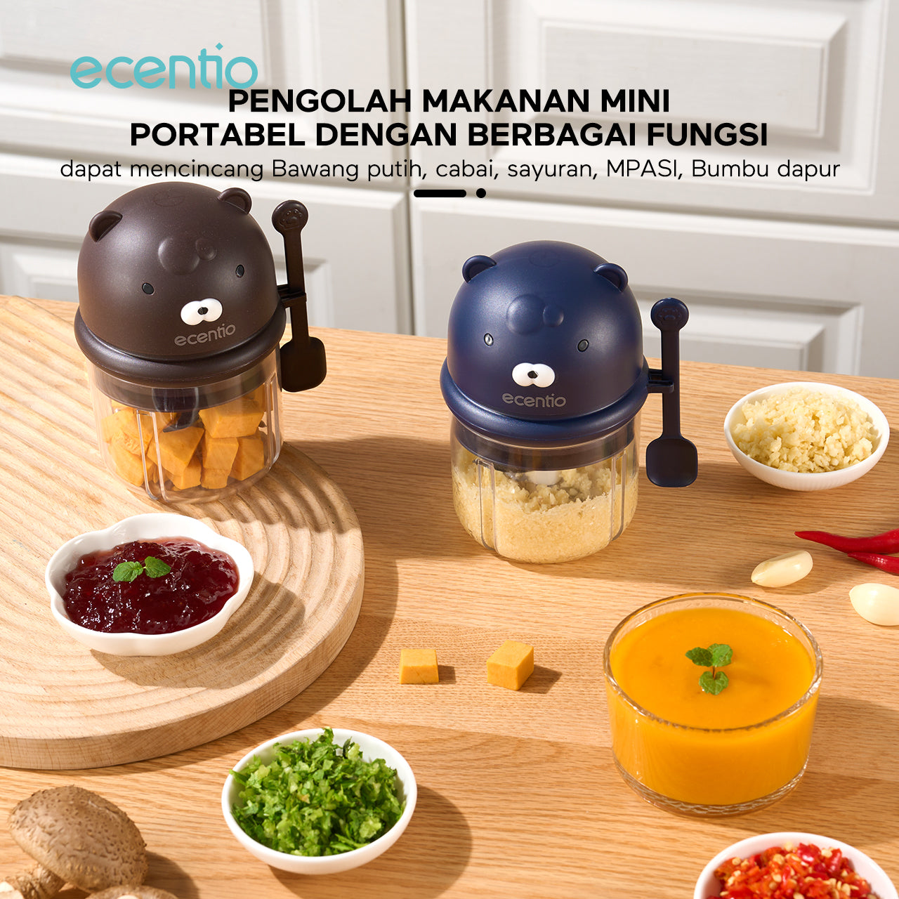 ecentio Pengolah Makanan Mini Portabel 400ml - Cincang Cepat dengan 6 Mata Pisau
