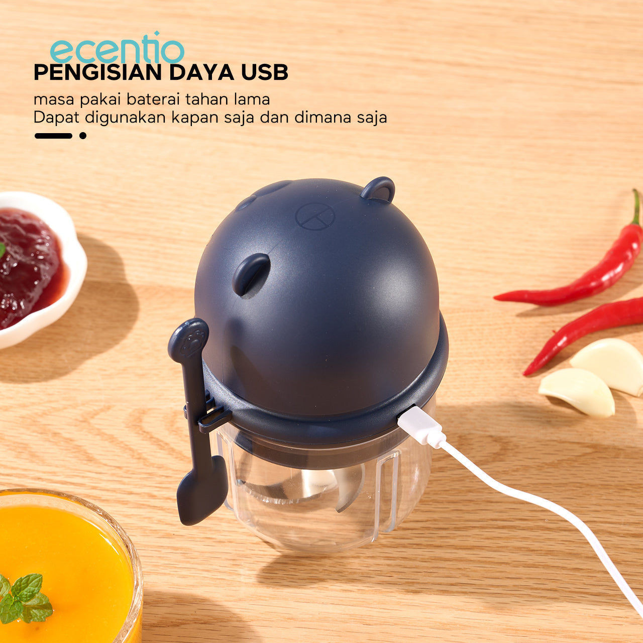 ecentio Pengolah Makanan Mini Portabel 400ml - Cincang Cepat dengan 6 Mata Pisau