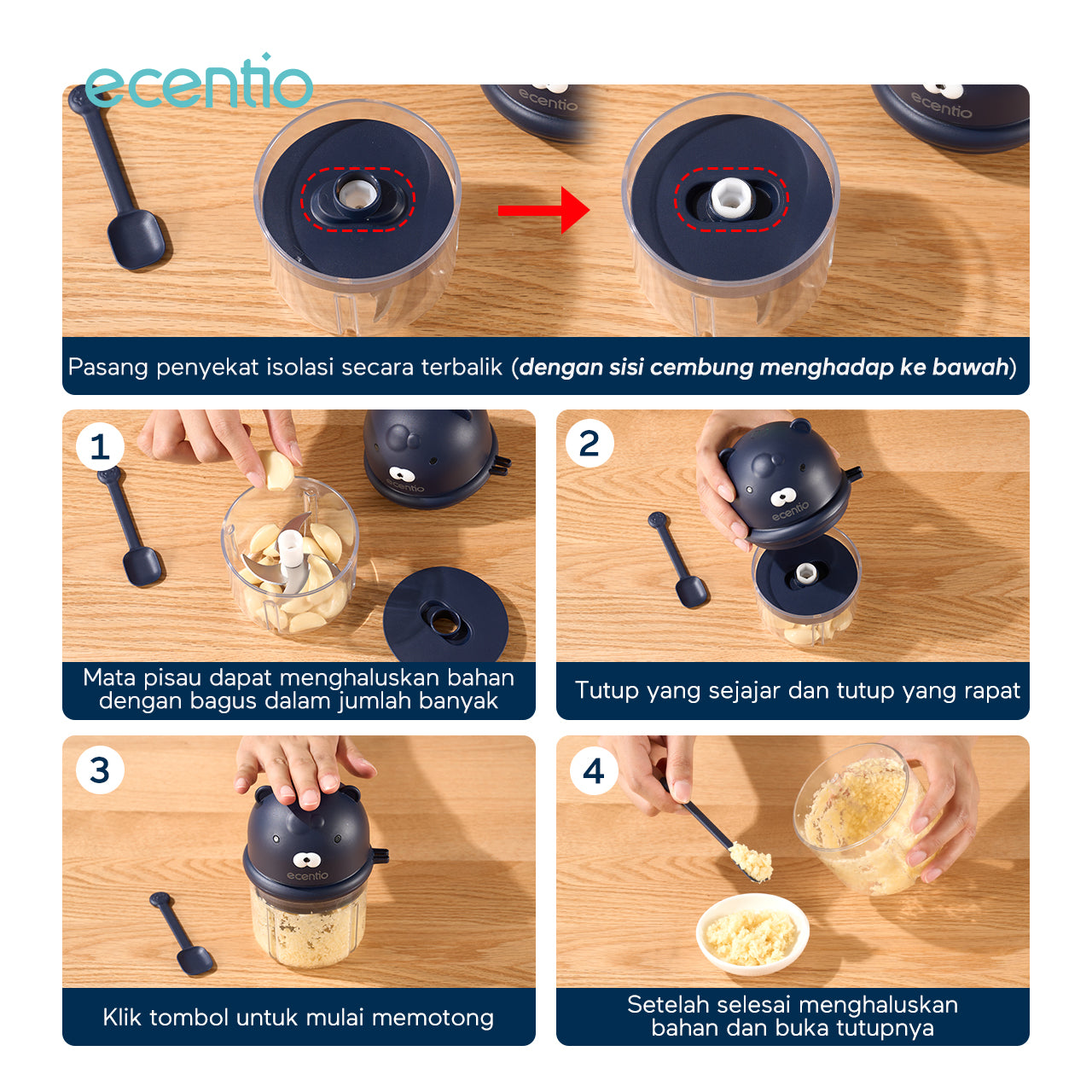 ecentio Pengolah Makanan Mini Portabel 400ml - Cincang Cepat dengan 6 Mata Pisau