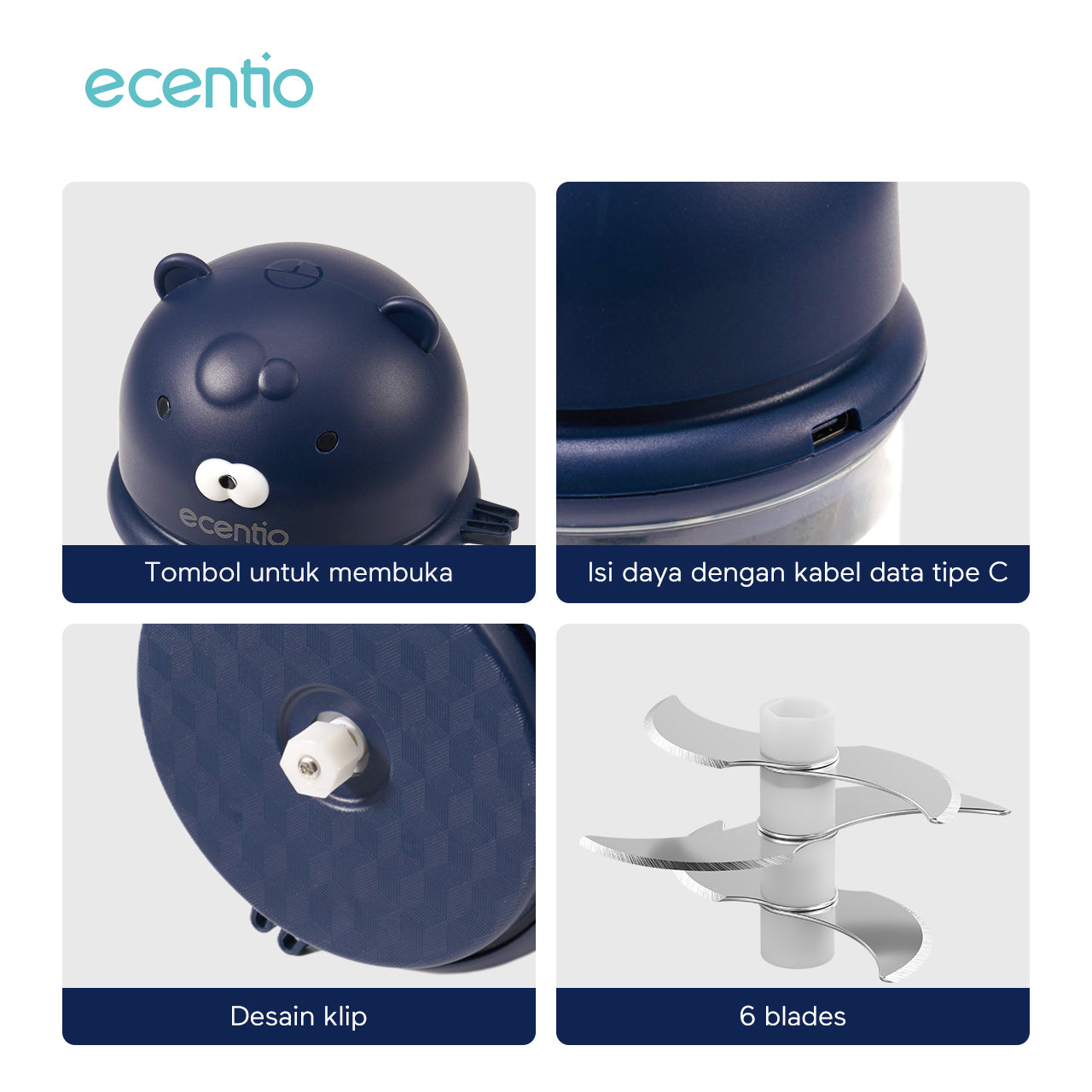 ecentio Pengolah Makanan Mini Portabel 400ml - Cincang Cepat dengan 6 Mata Pisau