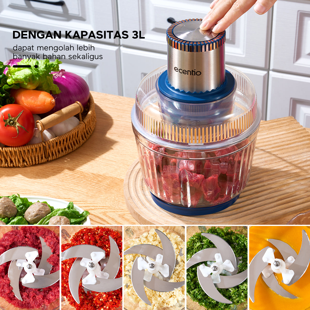 ecentio 5-in-1 Chopper Multifungsi 3L dengan 6 Pisau Stainless Steel