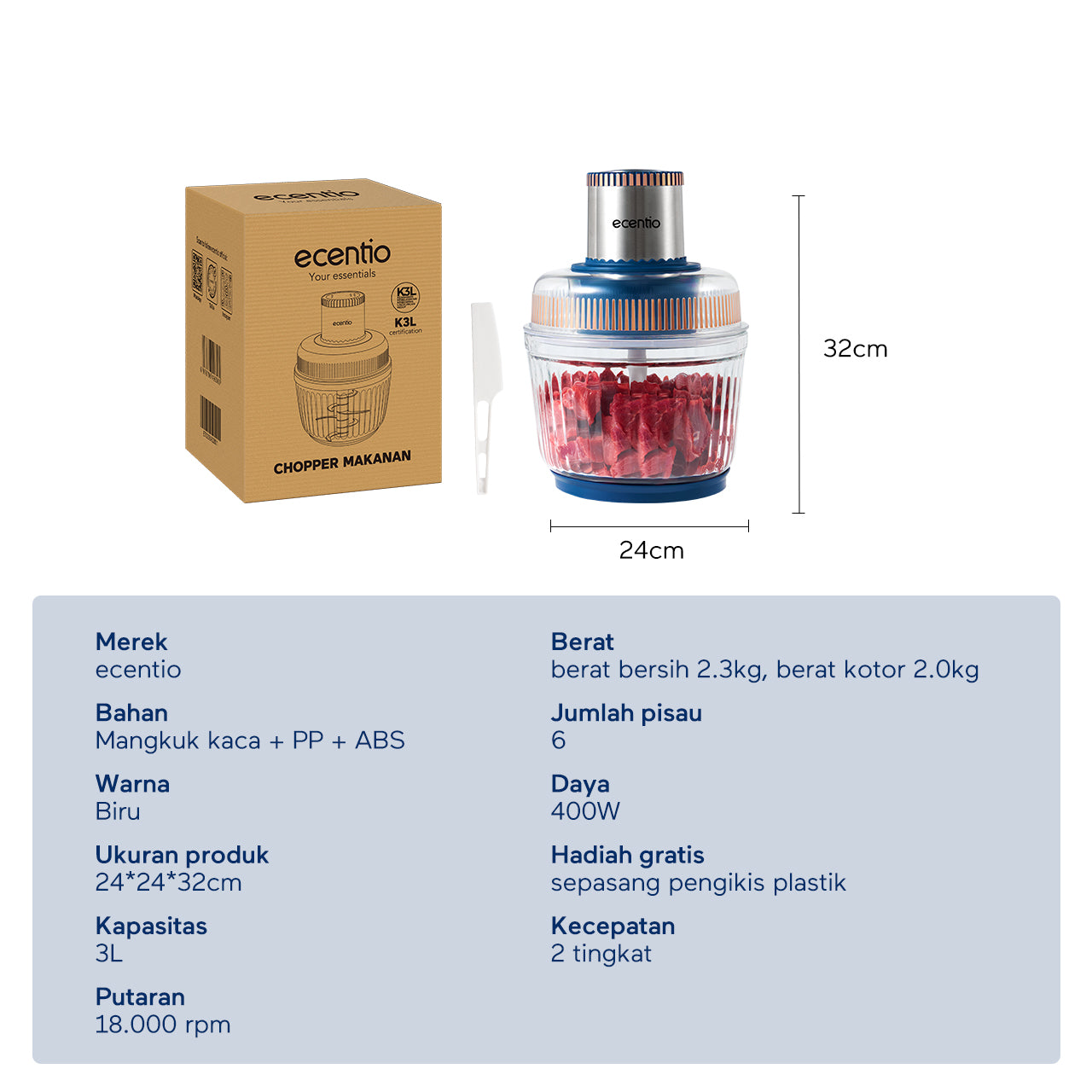 ecentio 5-in-1 Chopper Multifungsi 3L dengan 6 Pisau Stainless Steel