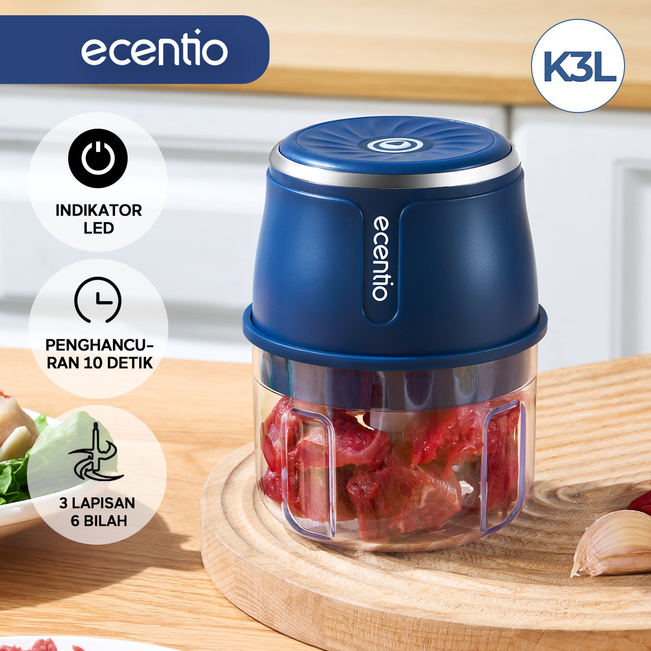 【2.0 Versions】ecentio Mini Chopper Blender 6 pisau 250ml Portable bumbu Dapur Portable Penumbuk bawang