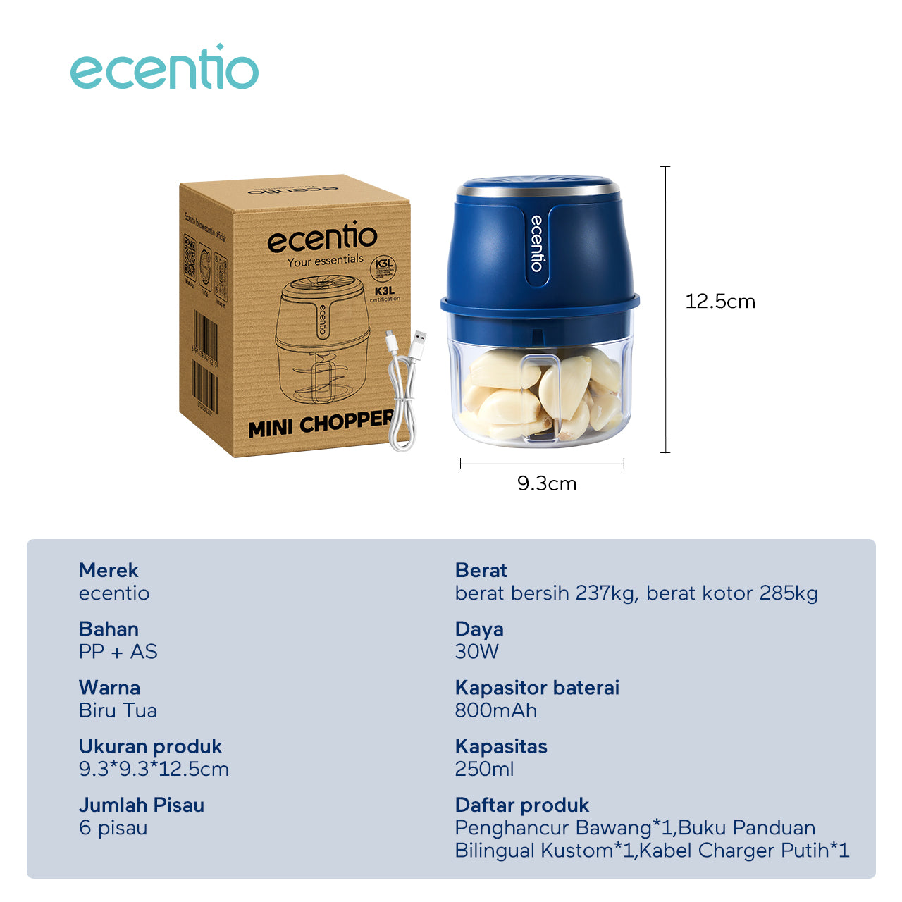 【2.0 Versions】ecentio Mini Chopper Blender 6 pisau 250ml Portable bumbu Dapur Portable Penumbuk bawang