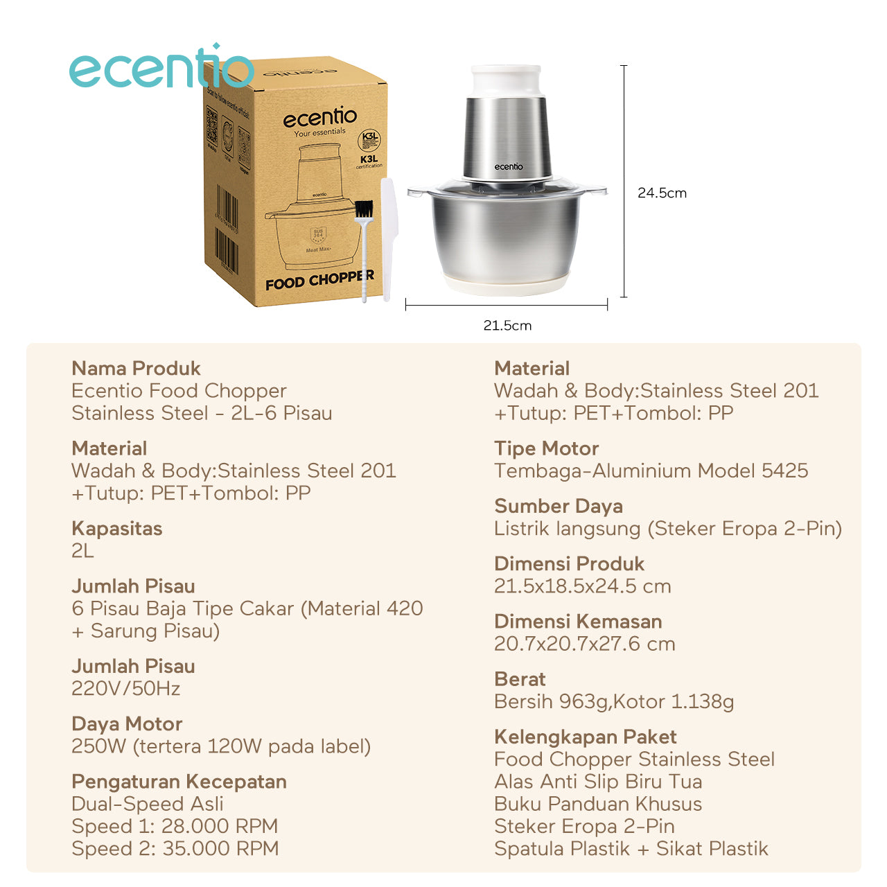 【ecentio Super Chopper 2L Series】Blender Daging 250W 6 Pisau Stainless 304 Multifungsi — Giling Daging, Bumbu, Sayur & Es