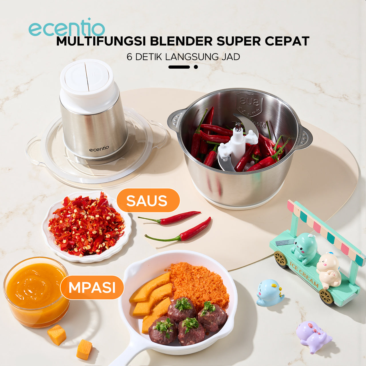 【ecentio Super Chopper 2L Series】Blender Daging 250W 6 Pisau Stainless 304 Multifungsi — Giling Daging, Bumbu, Sayur & Es