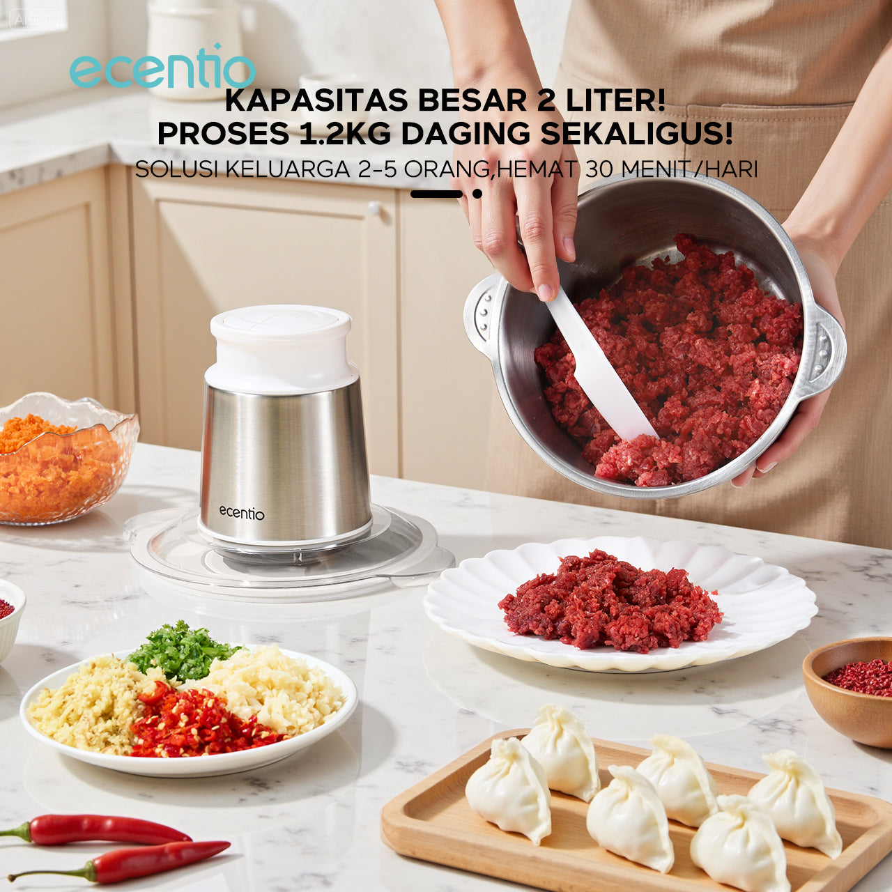 【ecentio Super Chopper 2L Series】Blender Daging 250W 6 Pisau Stainless 304 Multifungsi — Giling Daging, Bumbu, Sayur & Es