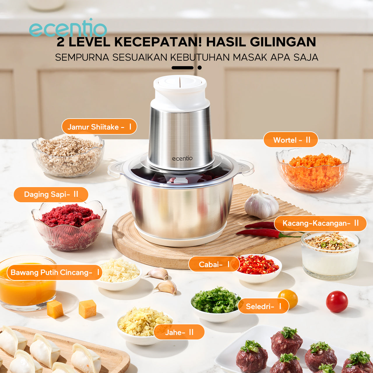 【ecentio Super Chopper 2L Series】Blender Daging 250W 6 Pisau Stainless 304 Multifungsi — Giling Daging, Bumbu, Sayur & Es