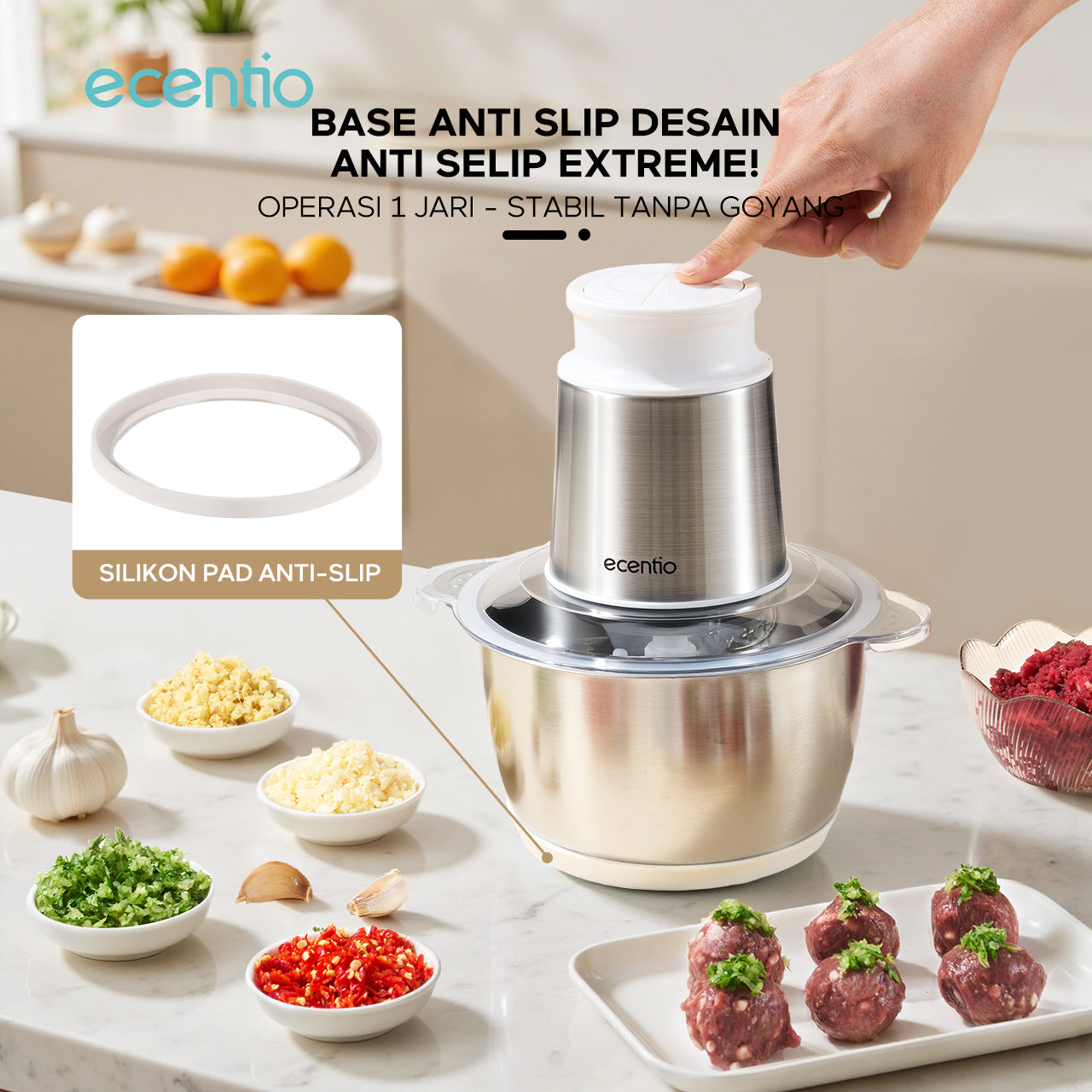 【ecentio Super Chopper 2L Series】Blender Daging 250W 6 Pisau Stainless 304 Multifungsi — Giling Daging, Bumbu, Sayur & Es