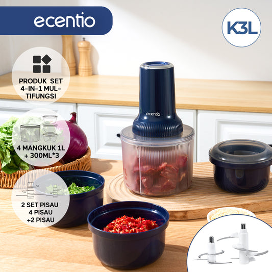 ecentio mini chopper blender 4 Mangkuk kaca multifungsi 2 set pisau food grade garansi 1 tahun
