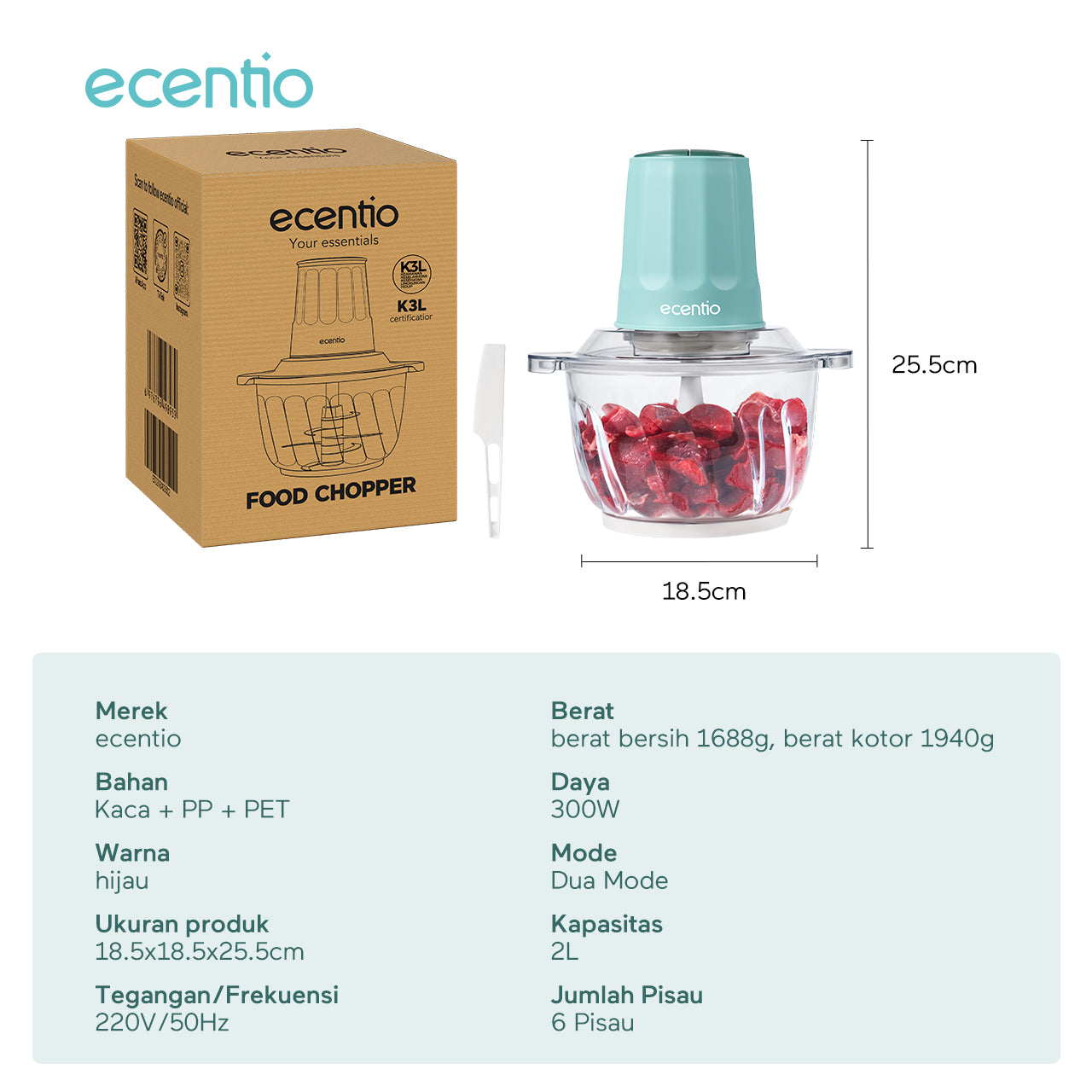 【ecentio Super Chopper Series】Blender Daging 250W 6 Pisau 304 Kapasitas 2L Anti Bocor — Giling Daging, Bumbu, Es, Sayur & Buah