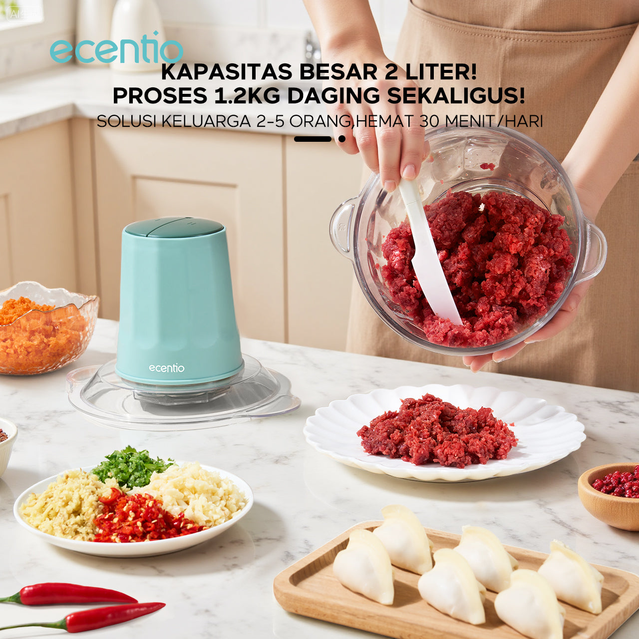 【ecentio Super Chopper Series】Blender Daging 250W 6 Pisau 304 Kapasitas 2L Anti Bocor — Giling Daging, Bumbu, Es, Sayur & Buah