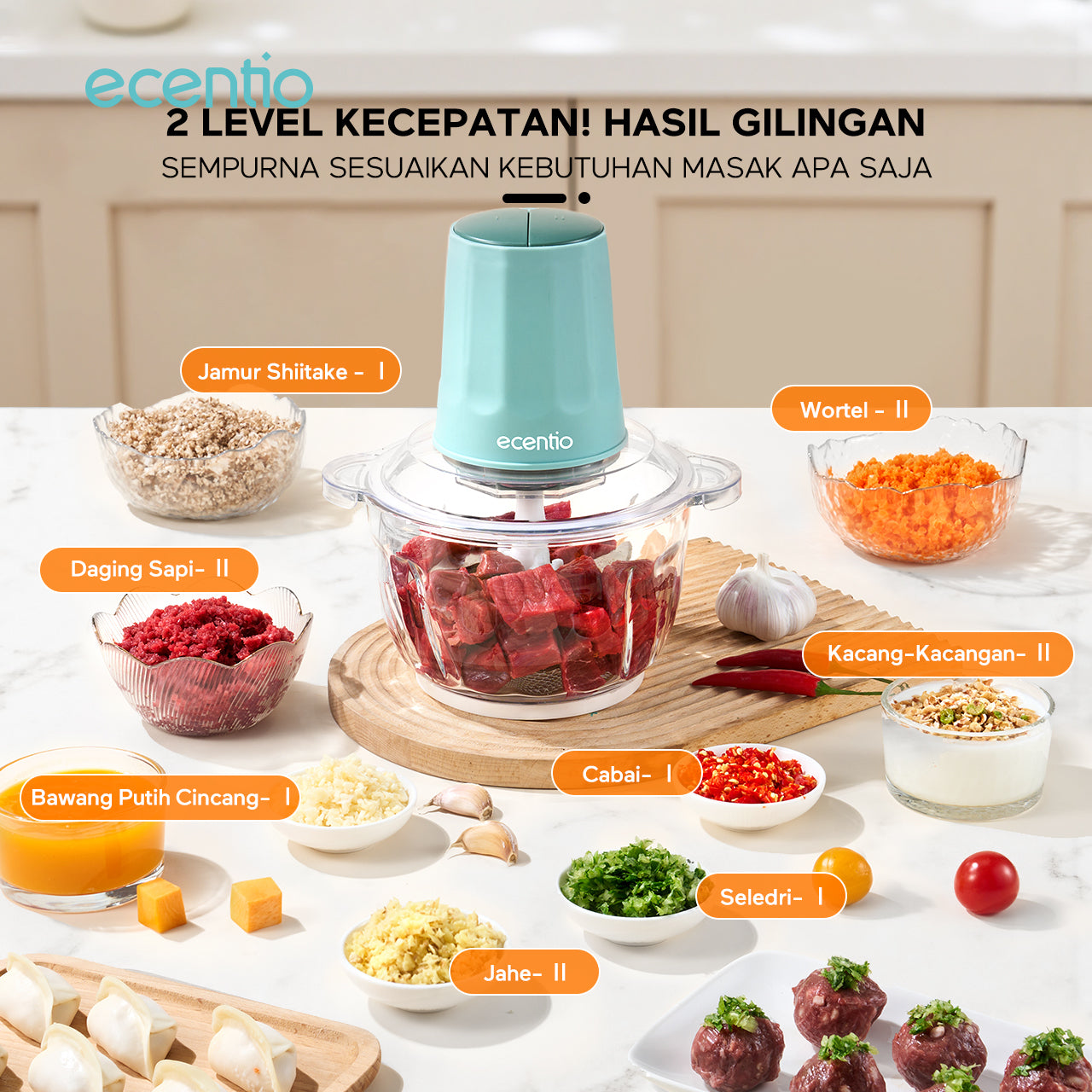 【ecentio Super Chopper Series】Blender Daging 250W 6 Pisau 304 Kapasitas 2L Anti Bocor — Giling Daging, Bumbu, Es, Sayur & Buah