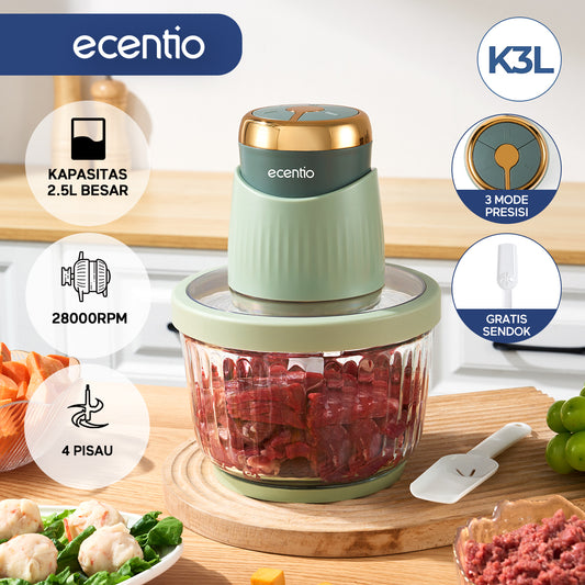ecentio ukuran besar 2,5L desain 3 tingkat tiga fungsi gabungan penggiling makanan bayi penggiling daging penggiling bawang putih badan kaca tebal garansi 1 tahun