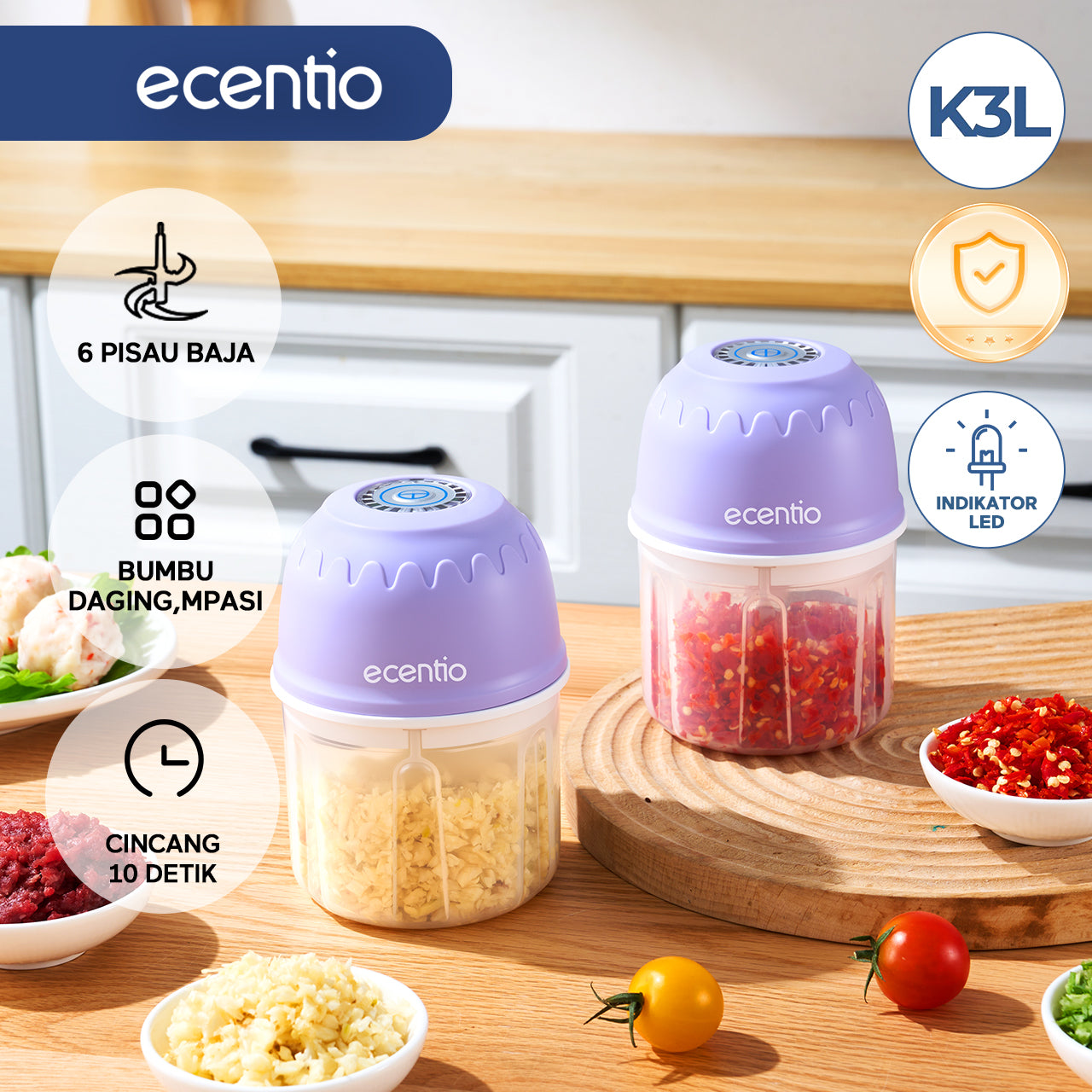 【🌟Pre-Order】ecentio Mini Chopper Blender ungu 6 pisau 350ml Portable Bumbu Dapur Portable Penumbuk bawang Tebal Master Dapur Multifungsi basah kering halus dapur