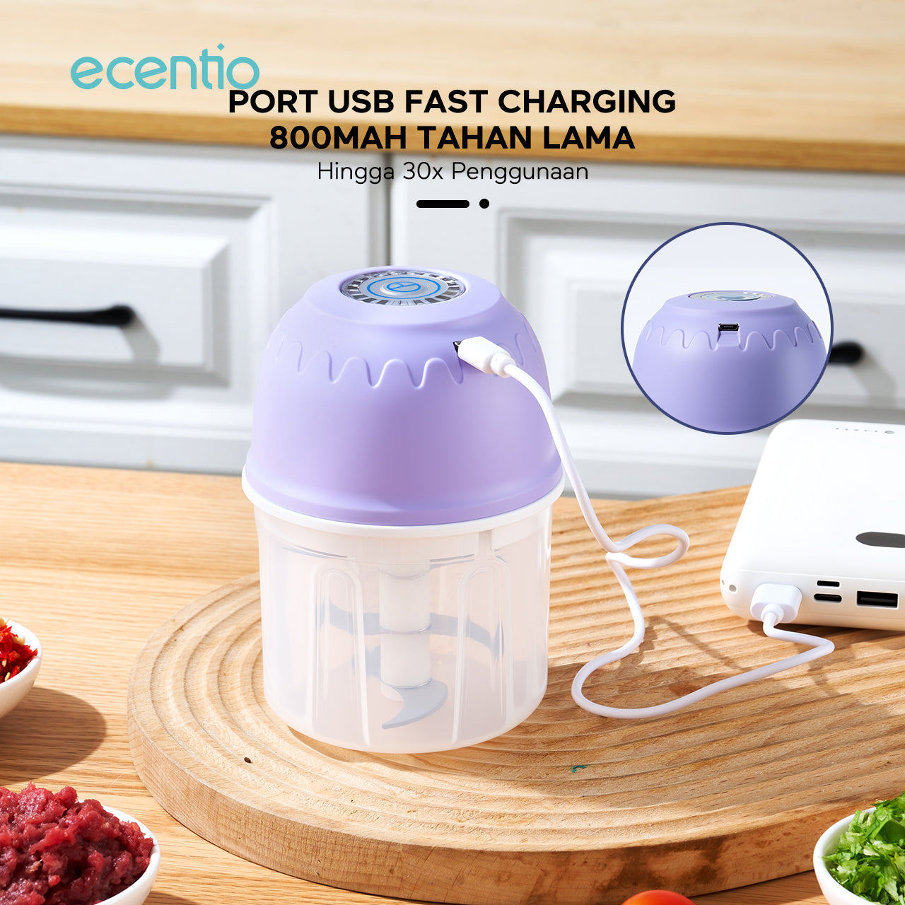 【🌟Pre-Order】ecentio Mini Chopper Blender ungu 6 pisau 350ml Portable Bumbu Dapur Portable Penumbuk bawang Tebal Master Dapur Multifungsi basah kering halus dapur