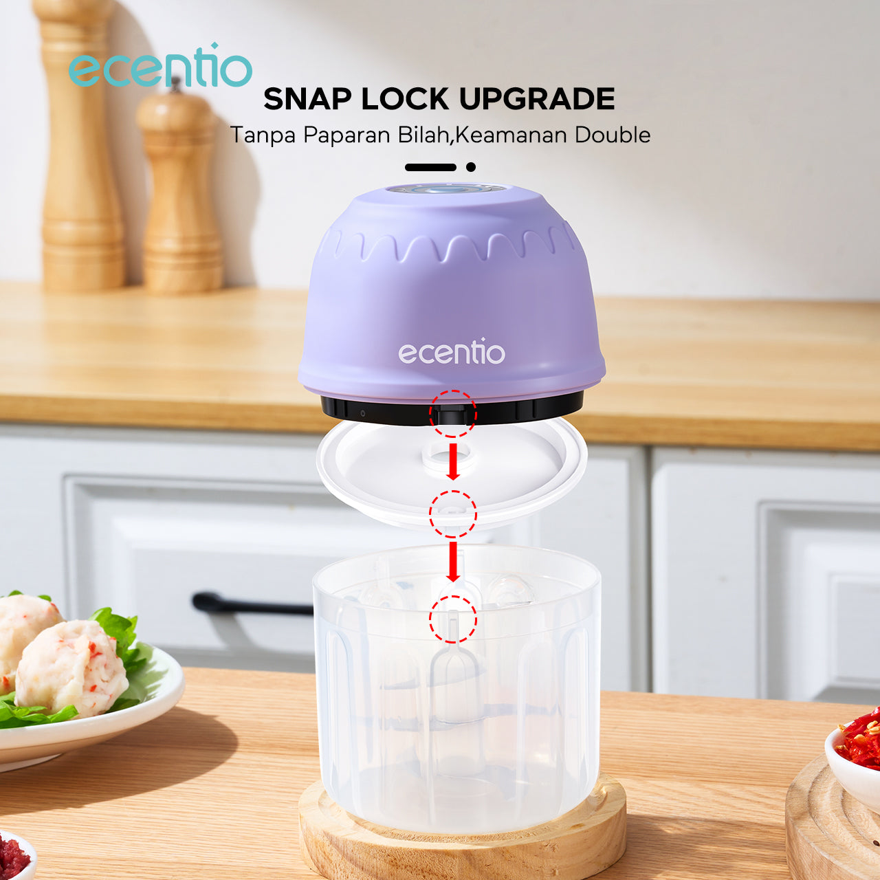 【🌟Pre-Order】ecentio Mini Chopper Blender ungu 6 pisau 350ml Portable Bumbu Dapur Portable Penumbuk bawang Tebal Master Dapur Multifungsi basah kering halus dapur