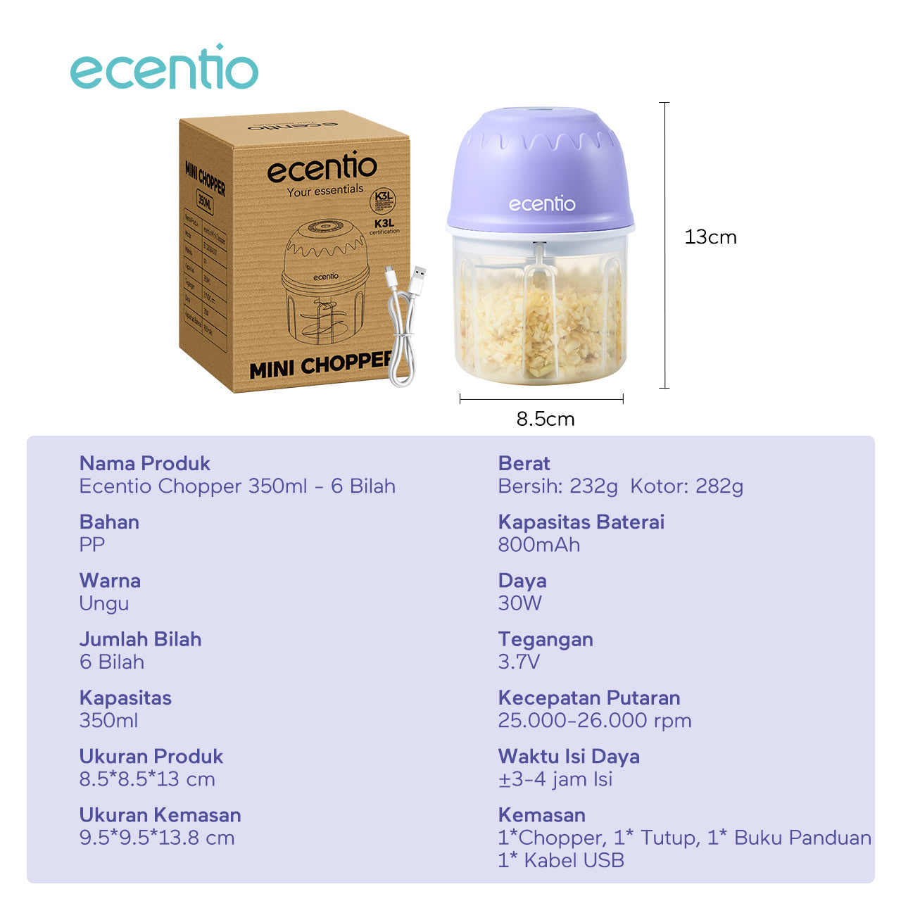【🌟Pre-Order】ecentio Mini Chopper Blender ungu 6 pisau 350ml Portable Bumbu Dapur Portable Penumbuk bawang Tebal Master Dapur Multifungsi basah kering halus dapur