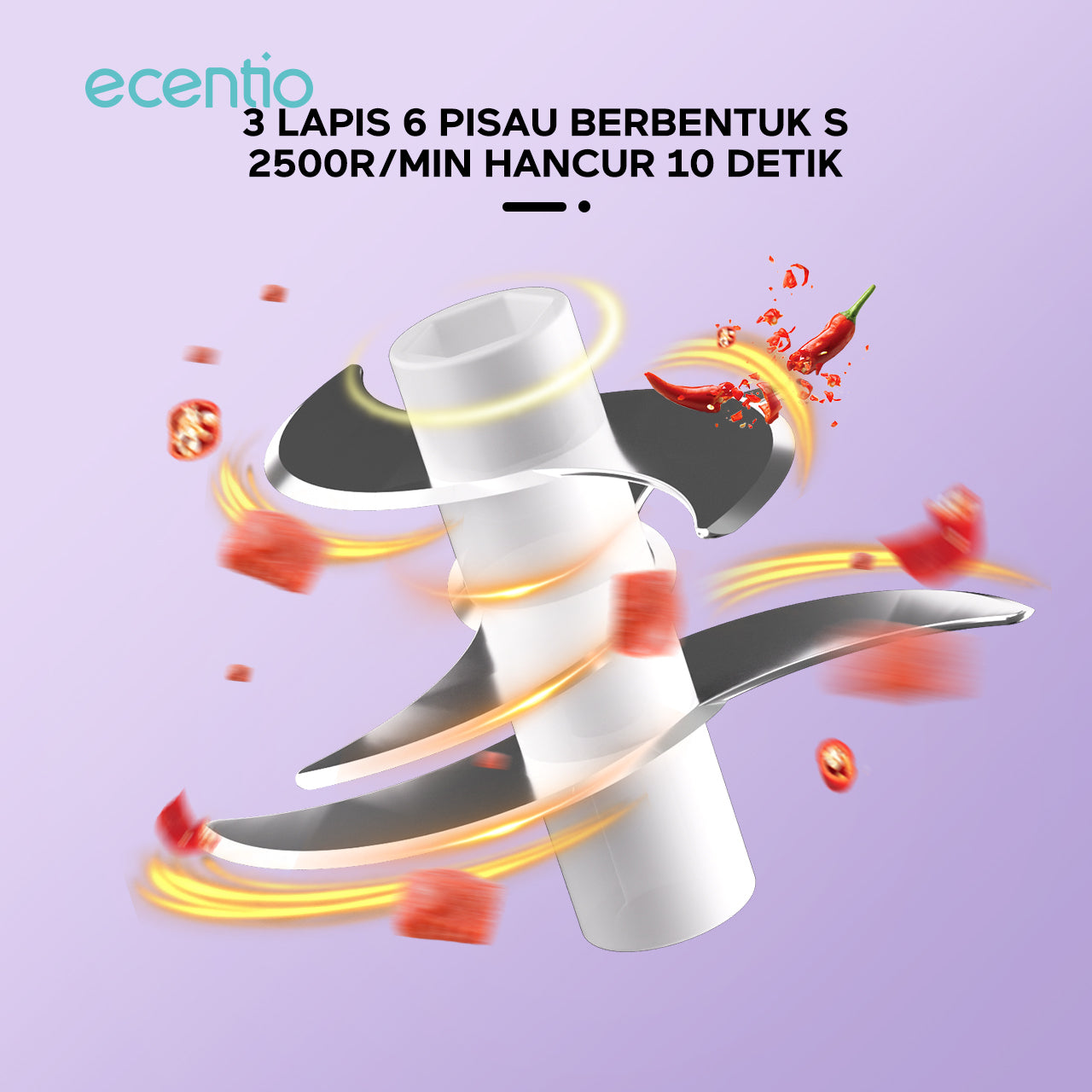 【🌟Pre-Order】ecentio Mini Chopper Blender ungu 6 pisau 350ml Portable Bumbu Dapur Portable Penumbuk bawang Tebal Master Dapur Multifungsi basah kering halus dapur