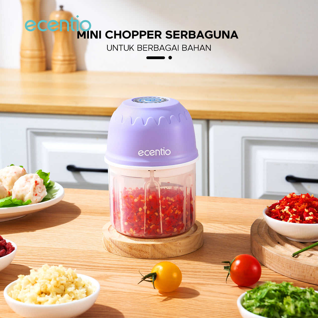 【🌟Pre-Order】ecentio Mini Chopper Blender ungu 6 pisau 350ml Portable Bumbu Dapur Portable Penumbuk bawang Tebal Master Dapur Multifungsi basah kering halus dapur