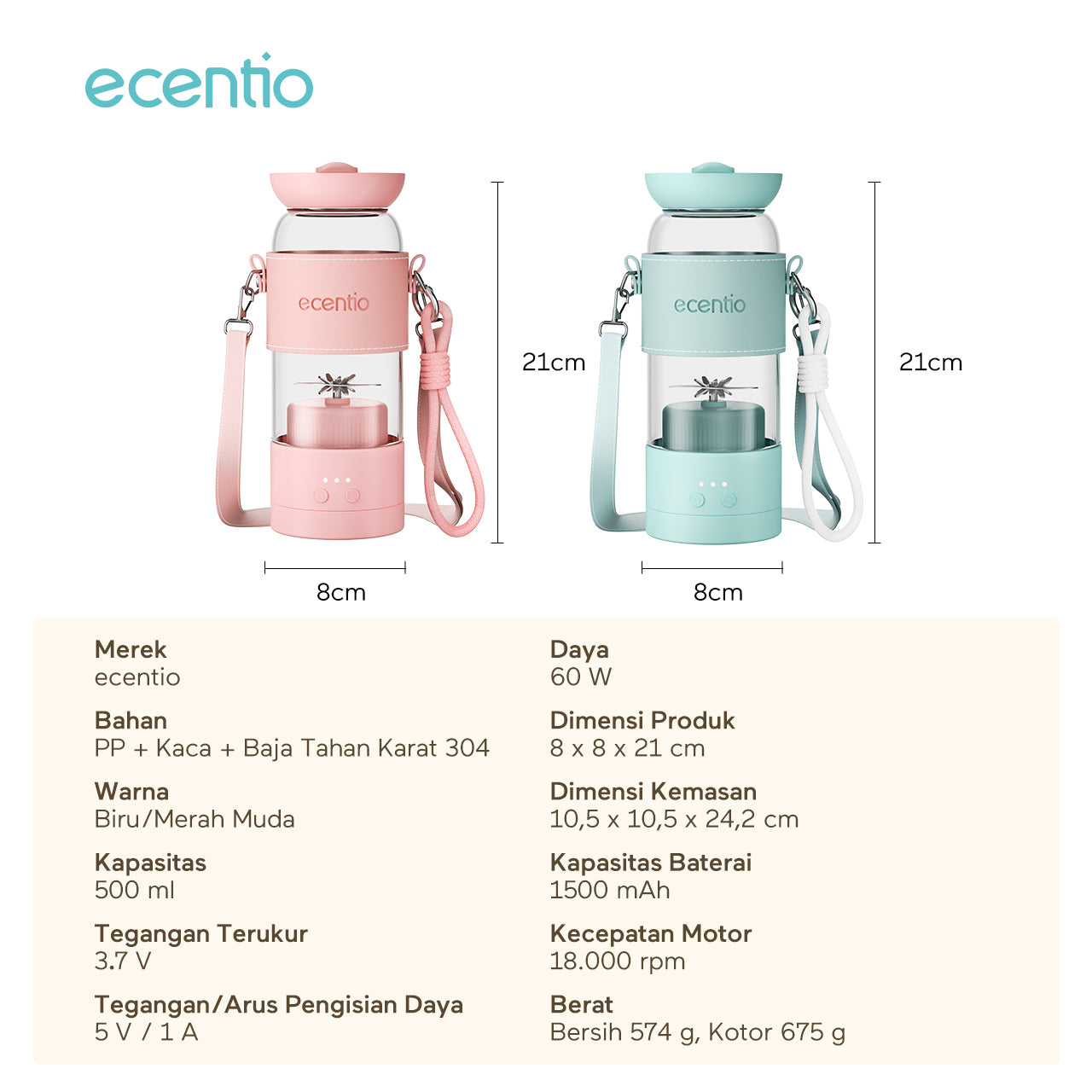 【Disney Juicer Series】ecentio Juicer Blender 18 Pisau 304 Kaca 500ml Dua Kecepatan Portable Mini dengan Sedotan & Tali Sling